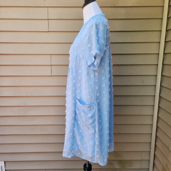 Miholl Blue Loose Flowy Short Dress Textured Dots V-Neck Pockets Short Sleeves - Picture 10 of 15